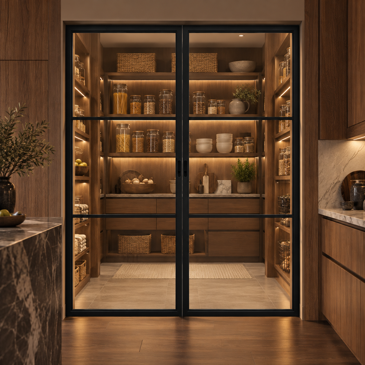 3-Lite Double Steel Pocket Pantry Door leading into a walnut pantry from a marble-trimmed kitchen — product visualization