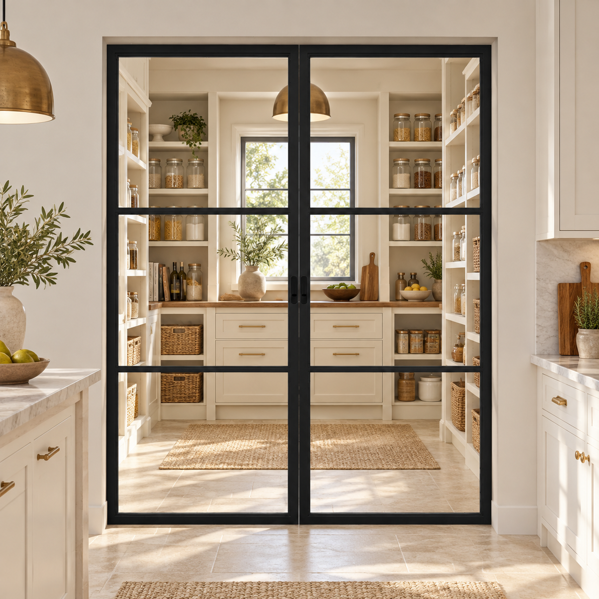 3-Lite Double Steel Pocket Pantry Door leading into a cream pantry from a limestone kitchen — product visualization