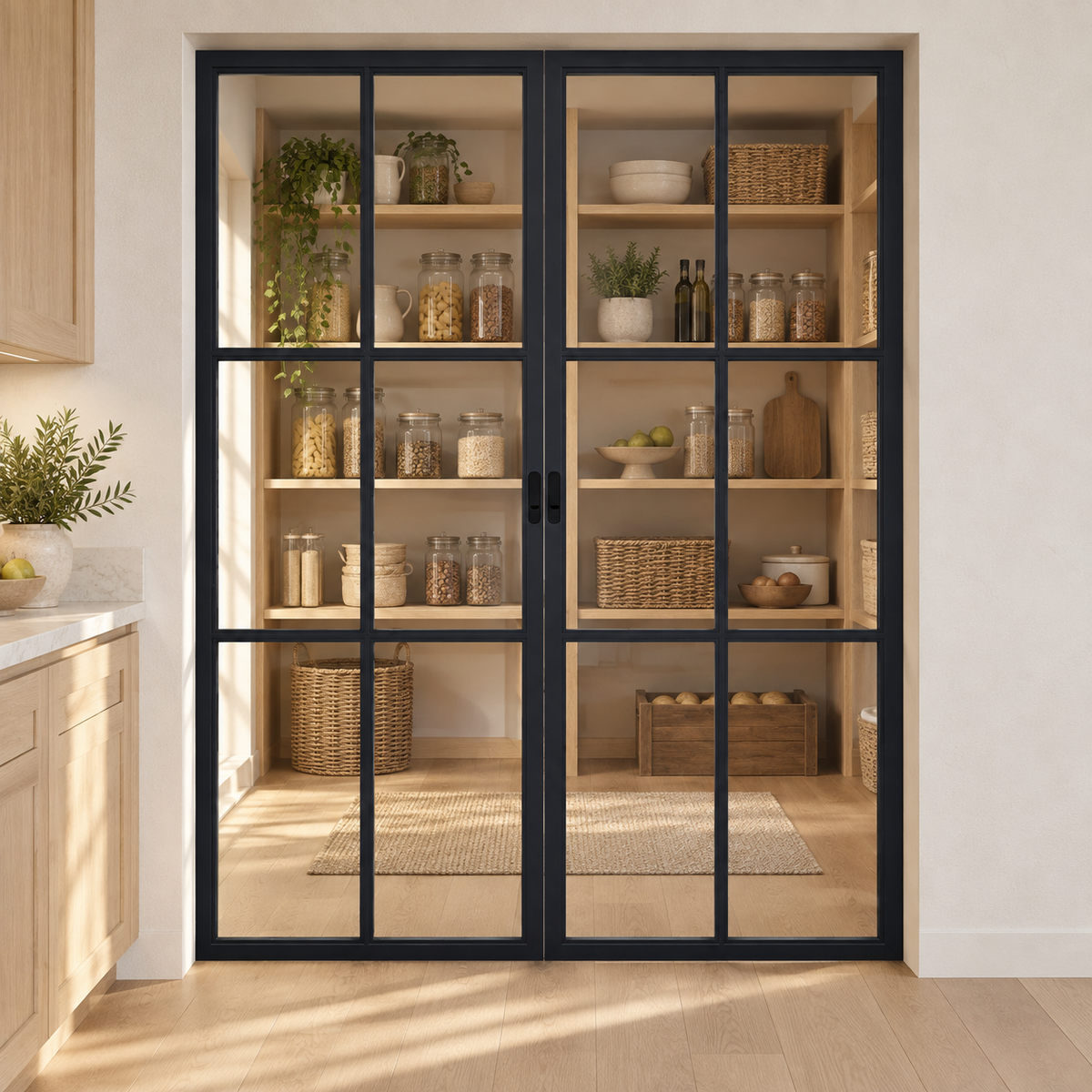 6-Lite Double Steel Pocket Pantry Door leading into an oak-shelved pantry from an ivory kitchen — product visualization