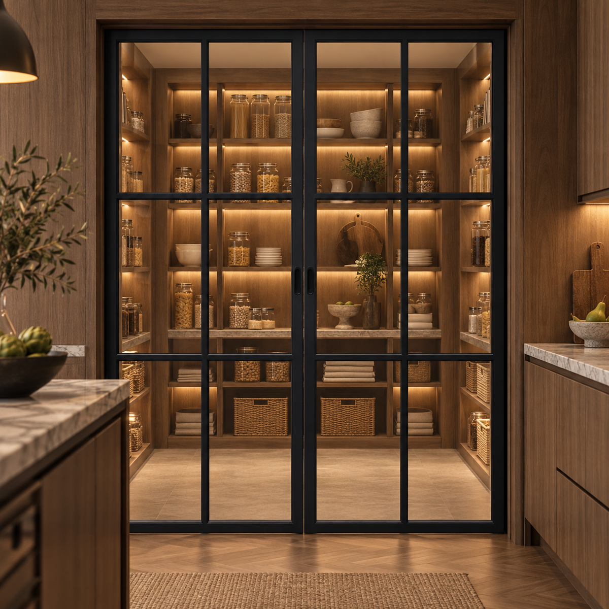 6-Lite Double Steel Pocket Pantry Door leading into a walnut pantry from a marble-trimmed kitchen — product visualization