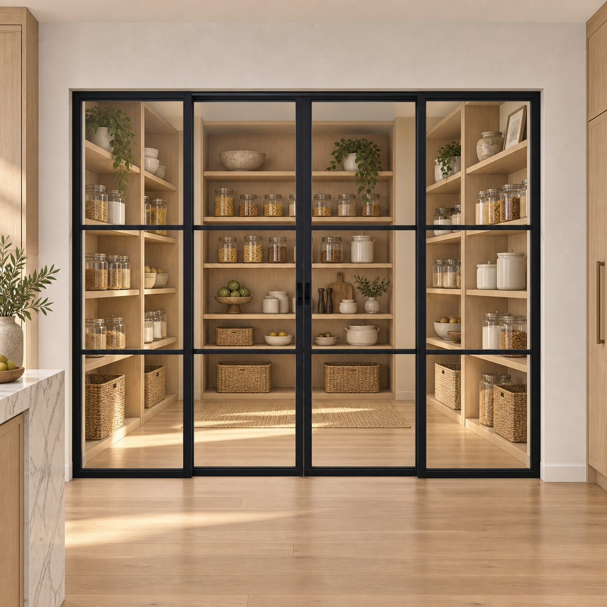 3-Lite Interior Steel Sliding Pantry Door leading into an oak pantry from an ivory kitchen — product visualization