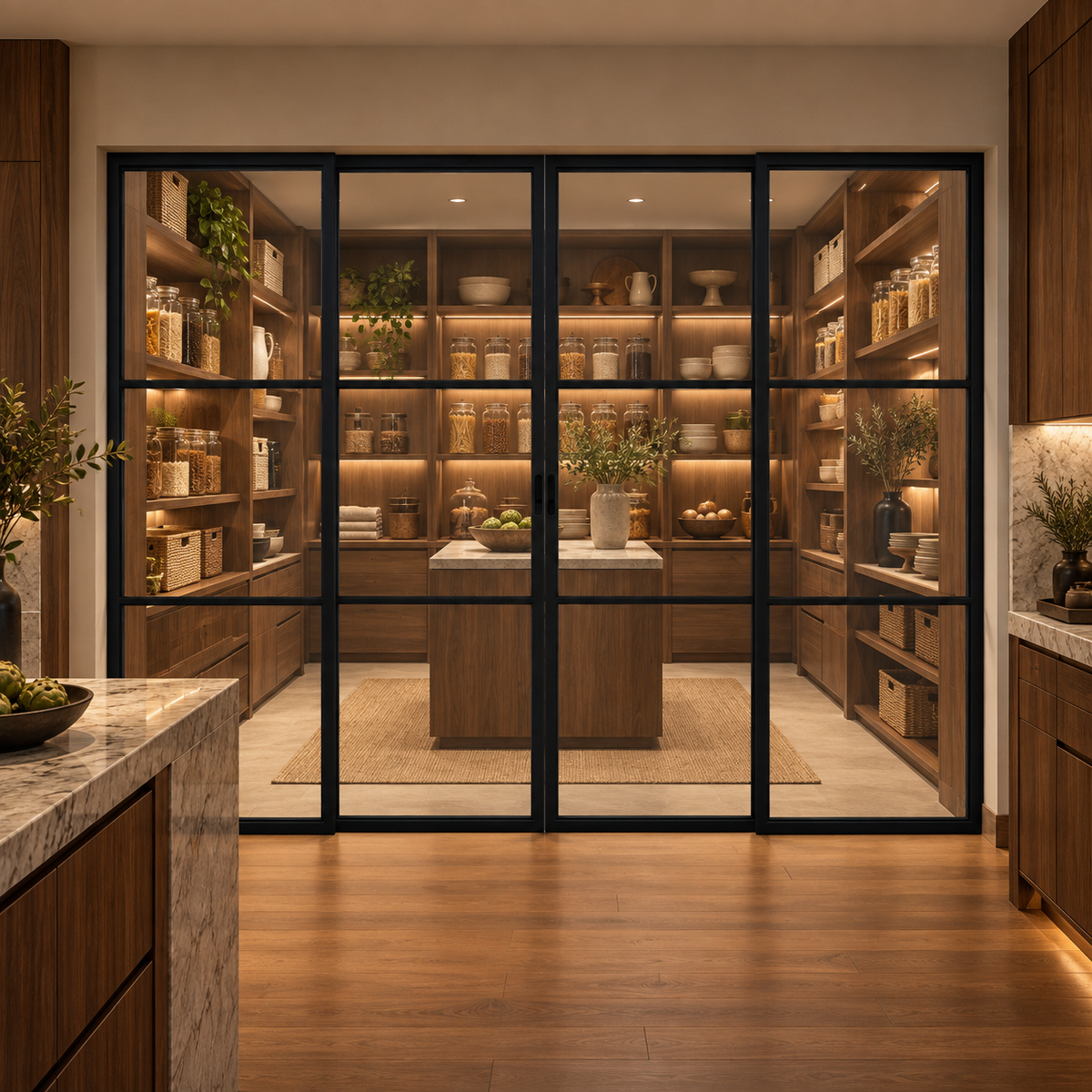 3-Lite Interior Steel Sliding Pantry Door leading into an illuminated walnut pantry — product visualization