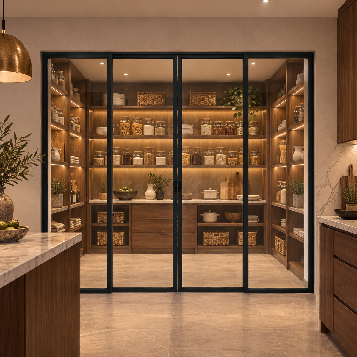 1-Lite Interior Steel Sliding Pantry Door leading into an illuminated walnut pantry — product visualization