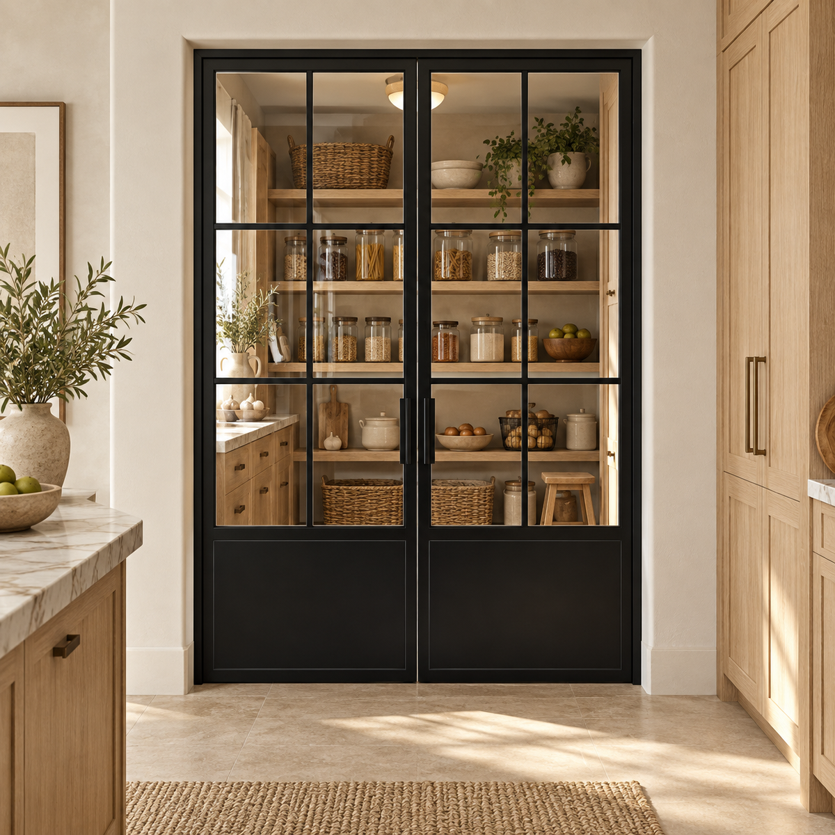 6-Lite Double Steel Pantry Door with Kickplate leading into an oak-shelved pantry from an ivory kitchen — product visualization