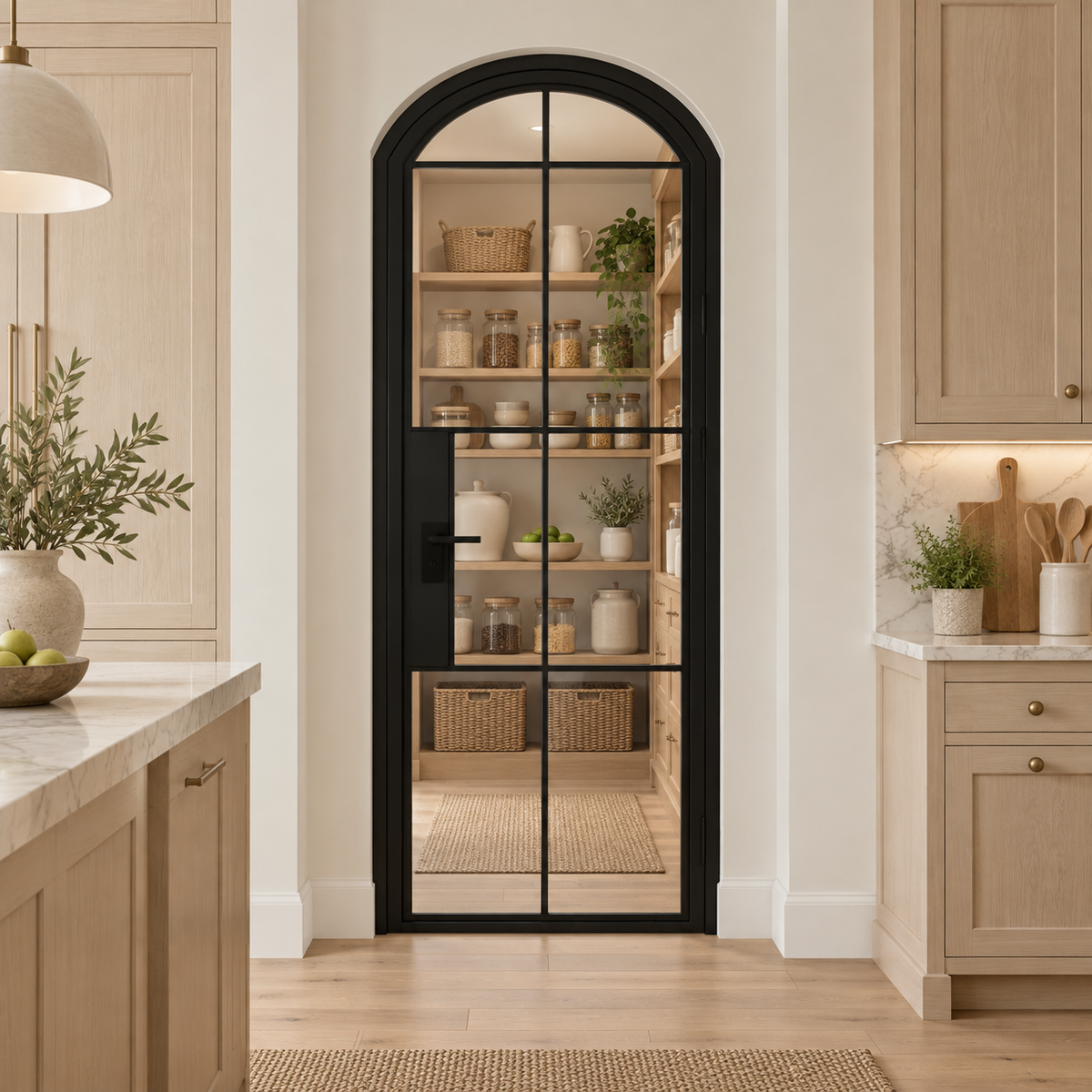 8 Lite Steel Pantry Arched Top French Door leading into an oak pantry from an ivory kitchen — product visualization