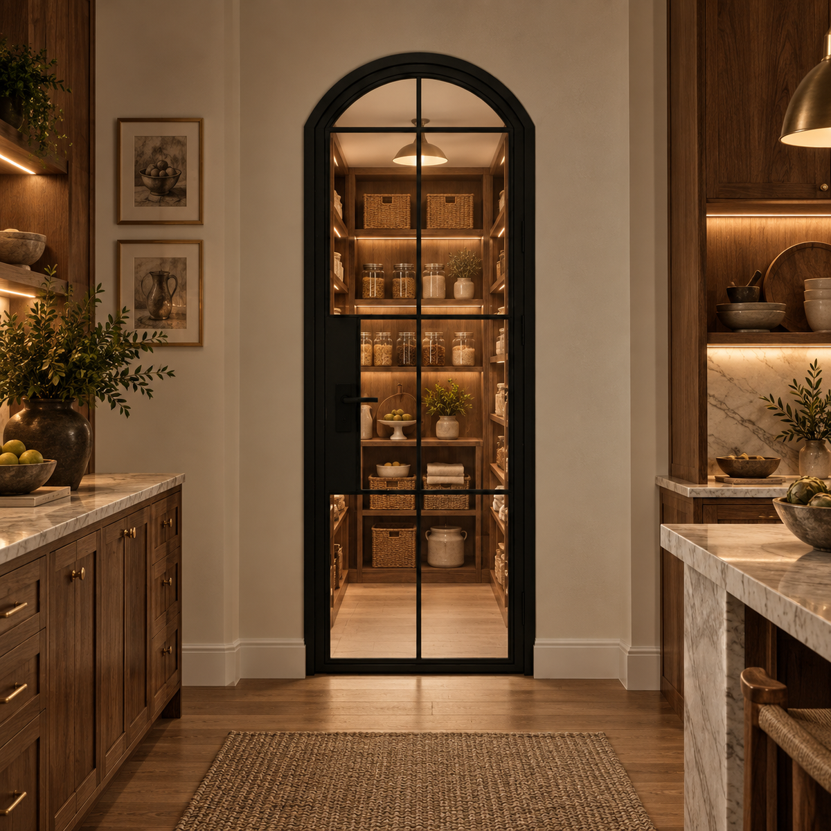 8 Lite Steel Pantry Arched Top French Door leading into an illuminated walnut pantry — product visualization