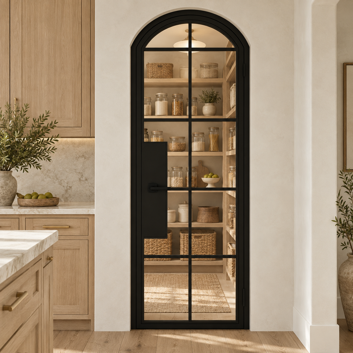 10 Lite Steel Pantry Arched Top French Door leading into an oak pantry from an ivory kitchen — product visualization