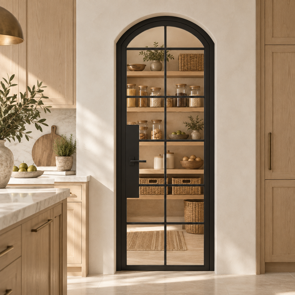 12 Lite Steel Pantry Arched Top French Door leading into an oak pantry from an ivory kitchen — product visualization
