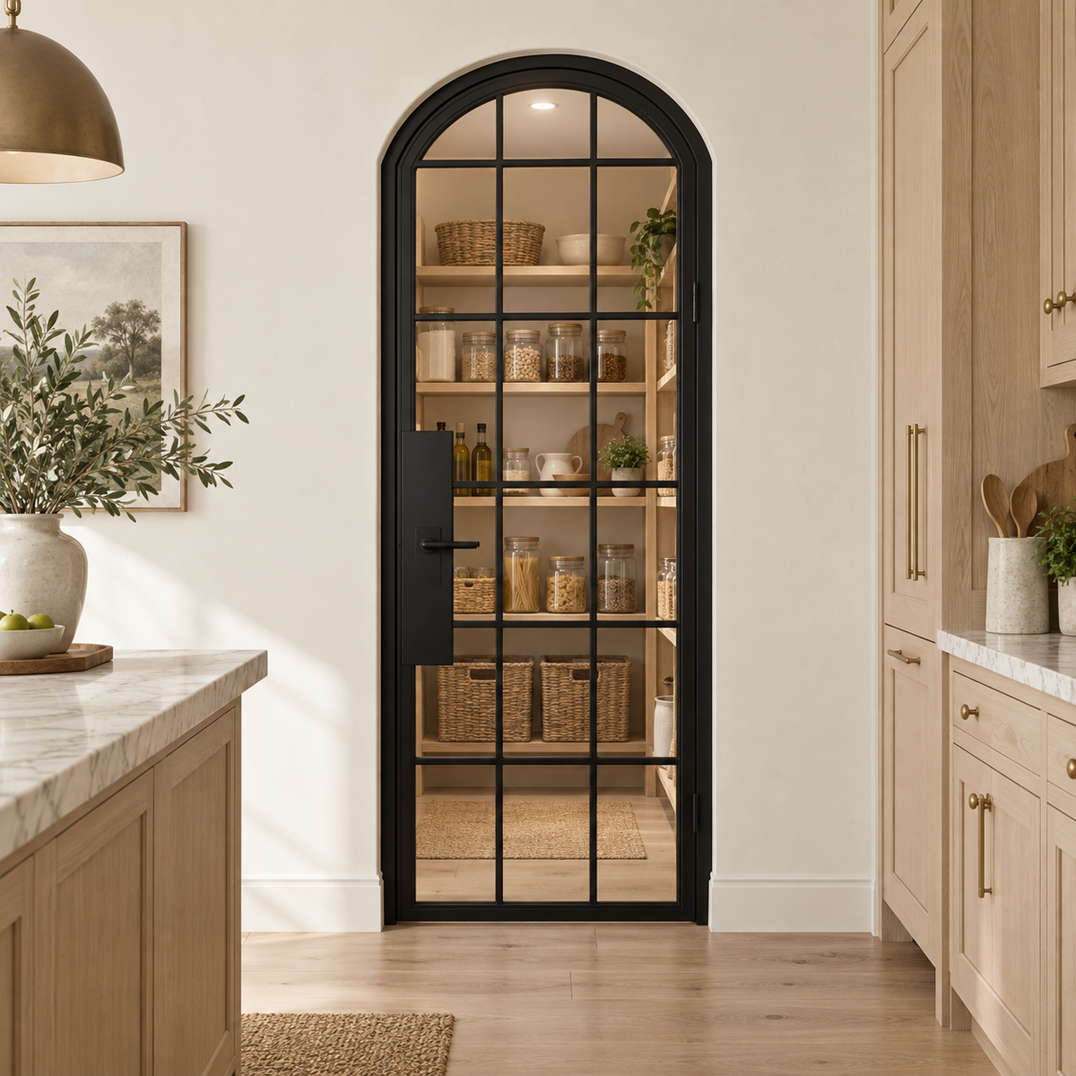 18 Lite Steel Pantry Arched Top French Door leading into an oak pantry from an ivory kitchen — product visualization