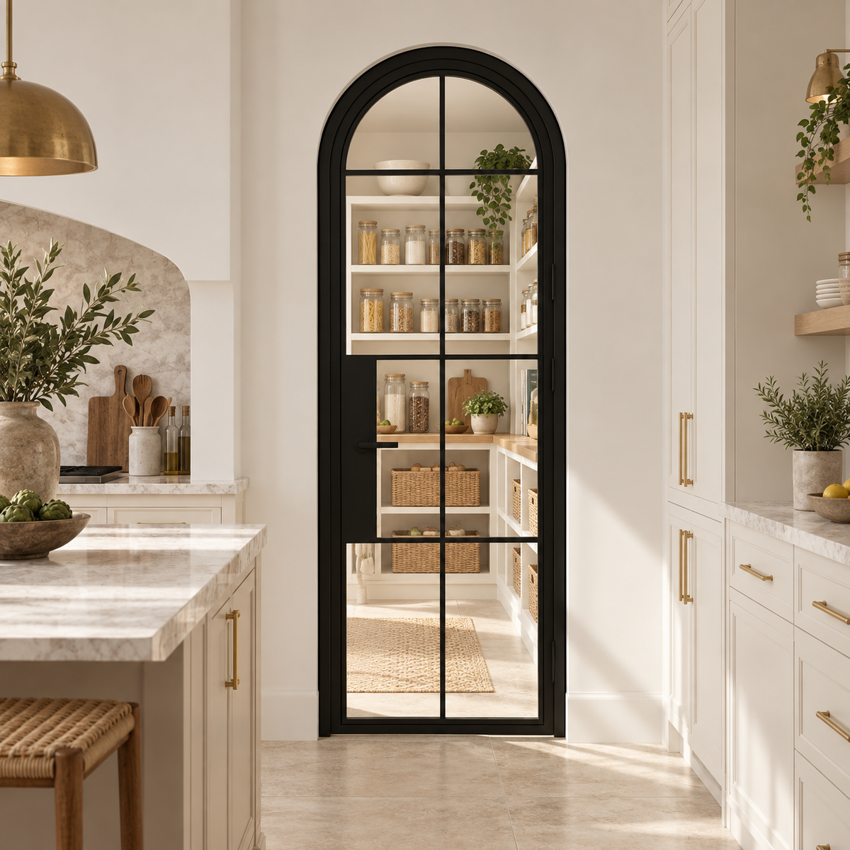 8 Lite Steel Pantry Round Top French Door leading into a cream pantry from a limestone kitchen — product visualization