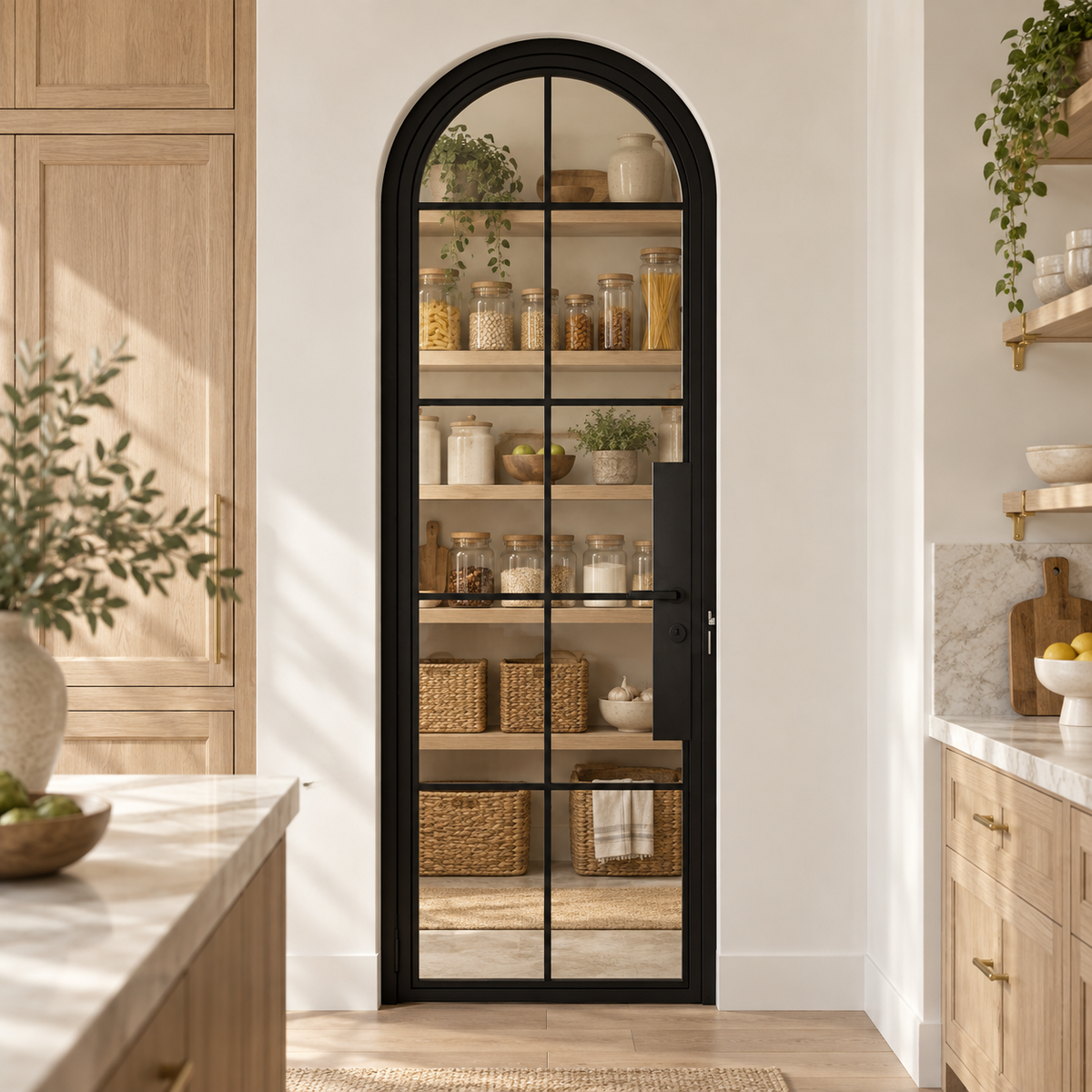 10 Lite Steel Pantry Round Top French Door leading into an oak pantry from an ivory kitchen — product visualization