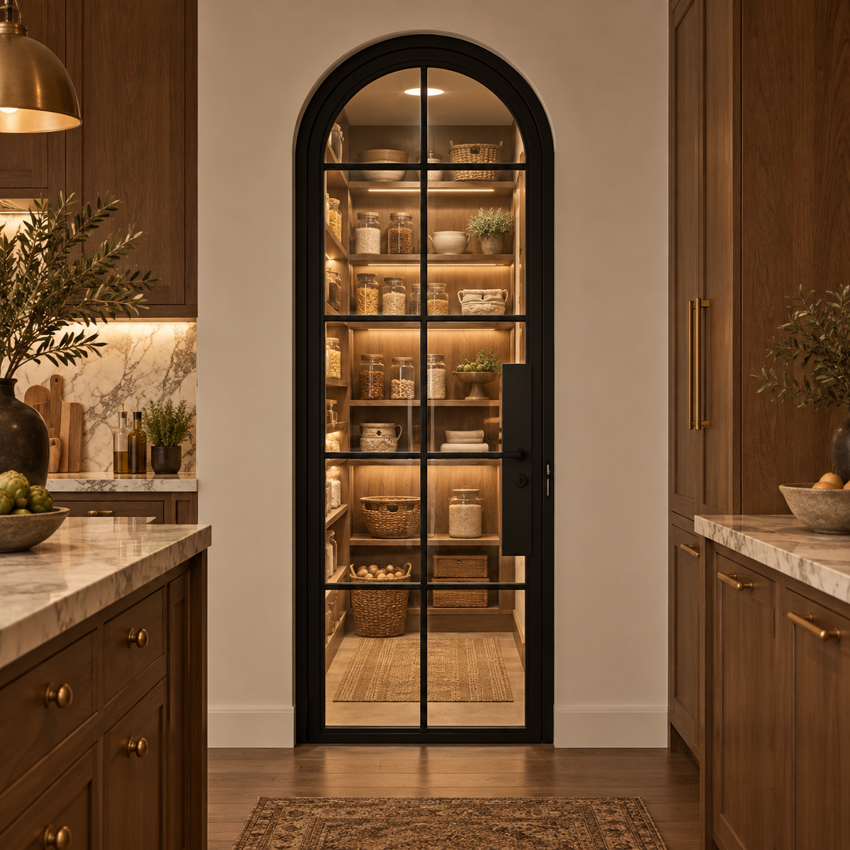 10 Lite Steel Pantry Round Top French Door leading into an illuminated walnut pantry — product visualization