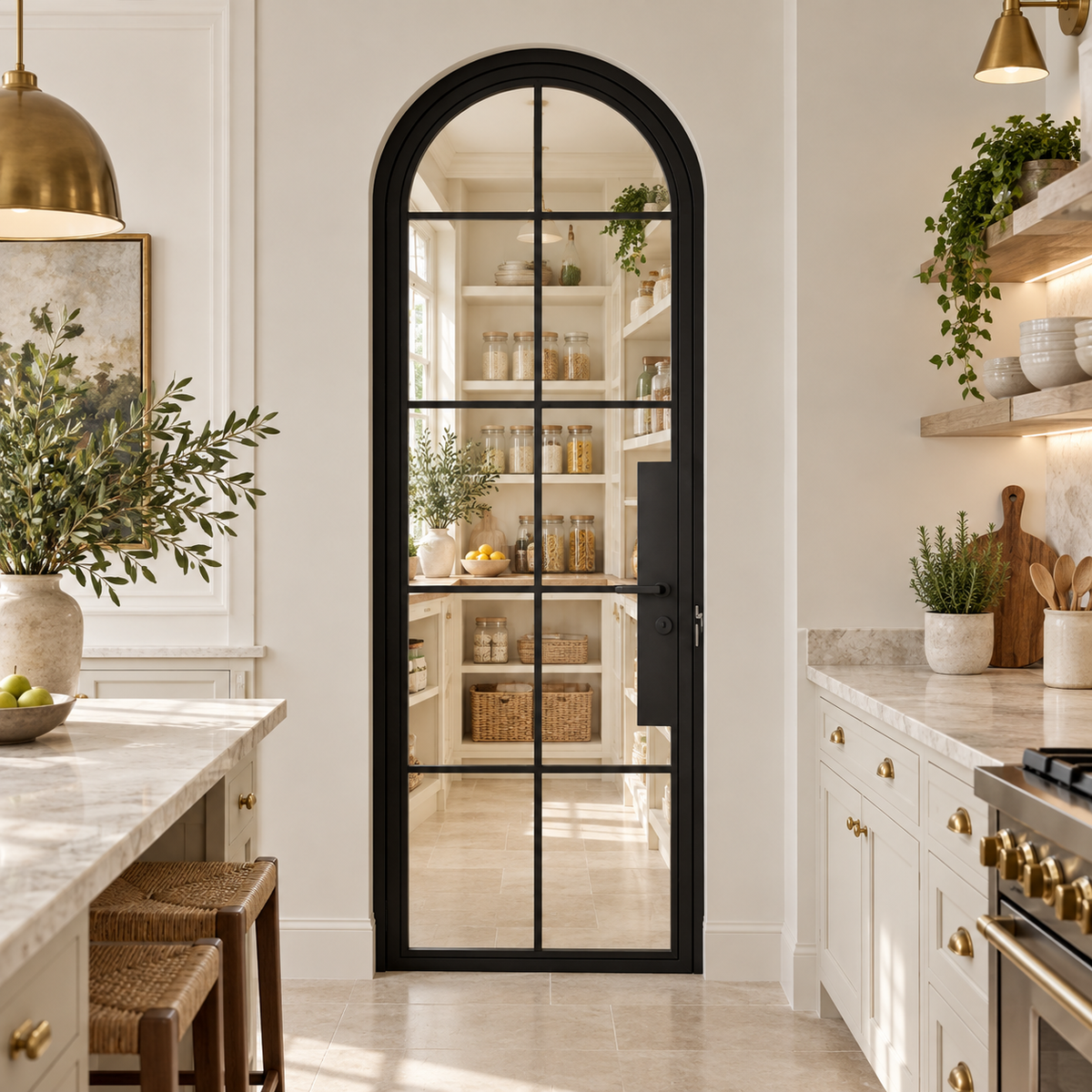 10 Lite Steel Pantry Round Top French Door leading into a cream pantry from a limestone kitchen — product visualization
