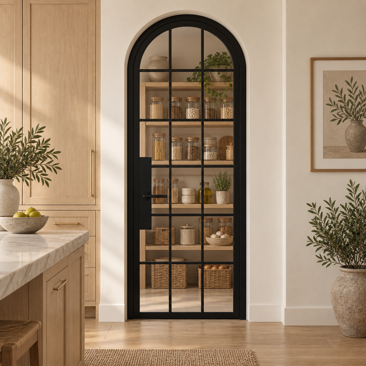 18 Lite Steel Pantry Round Top French Door leading into an oak pantry from an ivory kitchen — product visualization