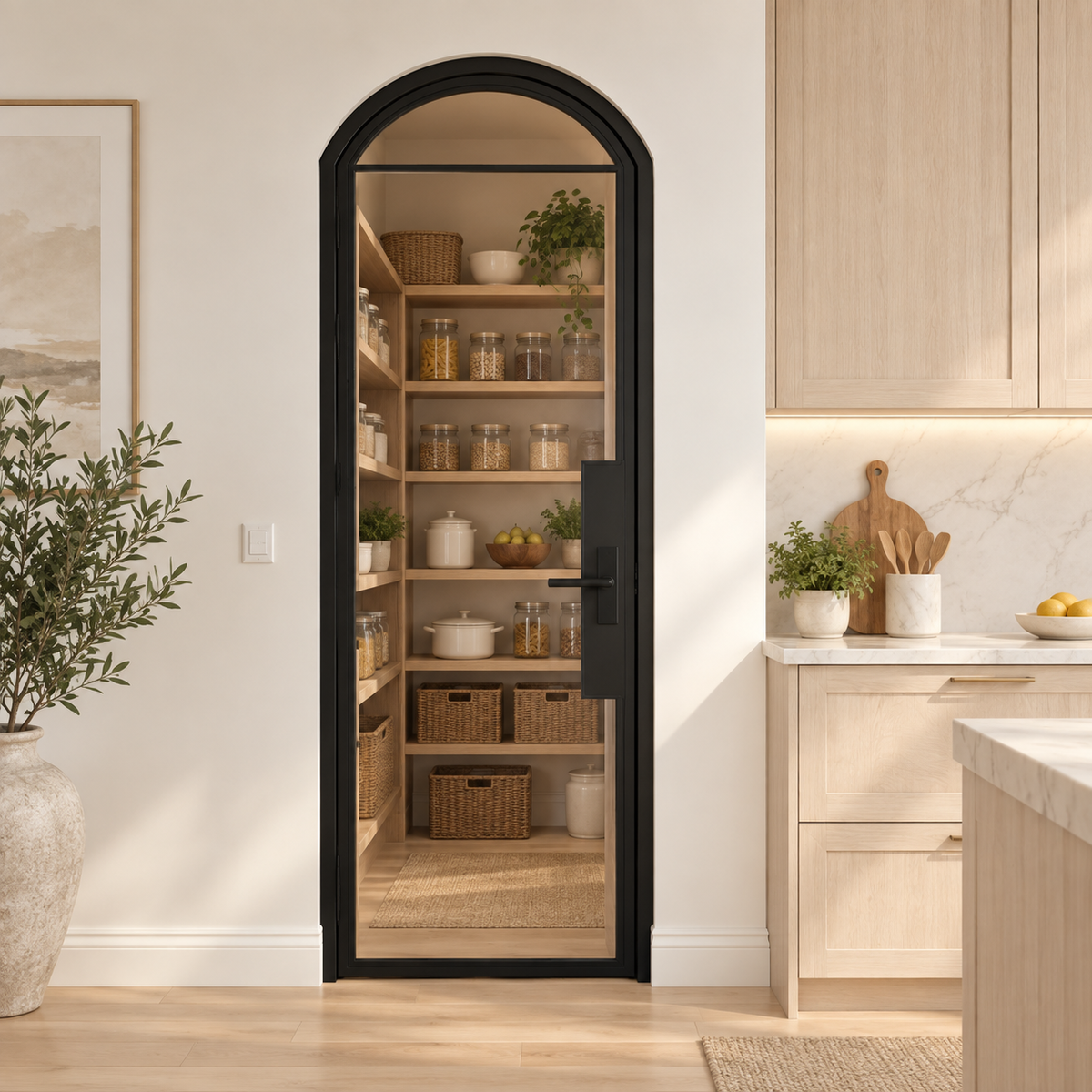 2 Lite Steel Pantry Arched Top French Door leading into an oak pantry from an ivory kitchen — product visualization