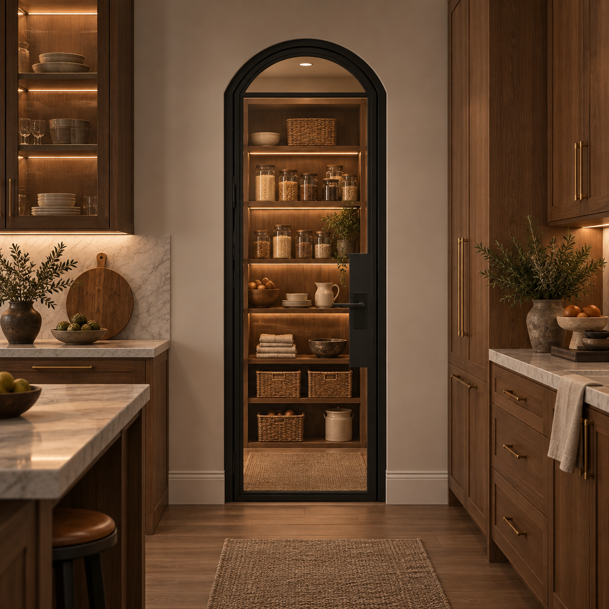 2 Lite Steel Pantry Arched Top French Door leading into an illuminated walnut pantry — product visualization