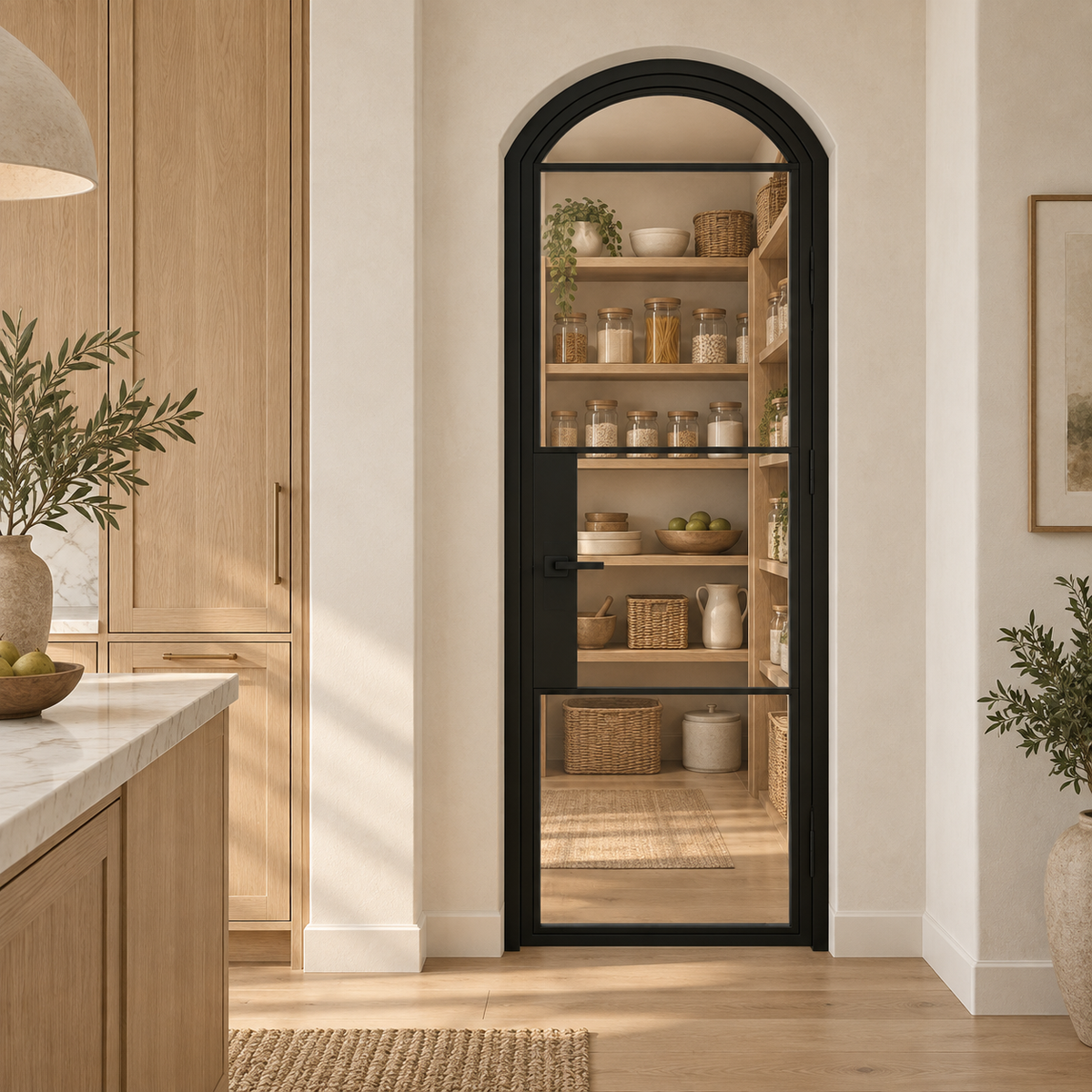 4 Lite Steel Pantry Arched Top French Door leading into an oak pantry from an ivory kitchen — product visualization