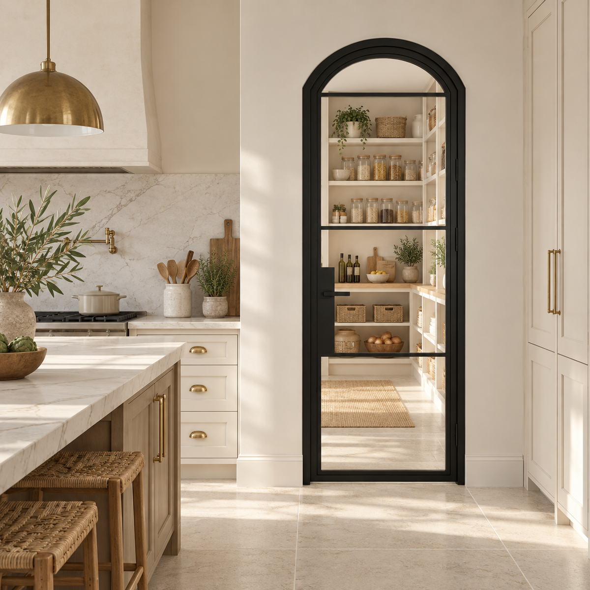 4 Lite Steel Pantry Arched Top French Door leading into a cream pantry from a limestone kitchen — product visualization