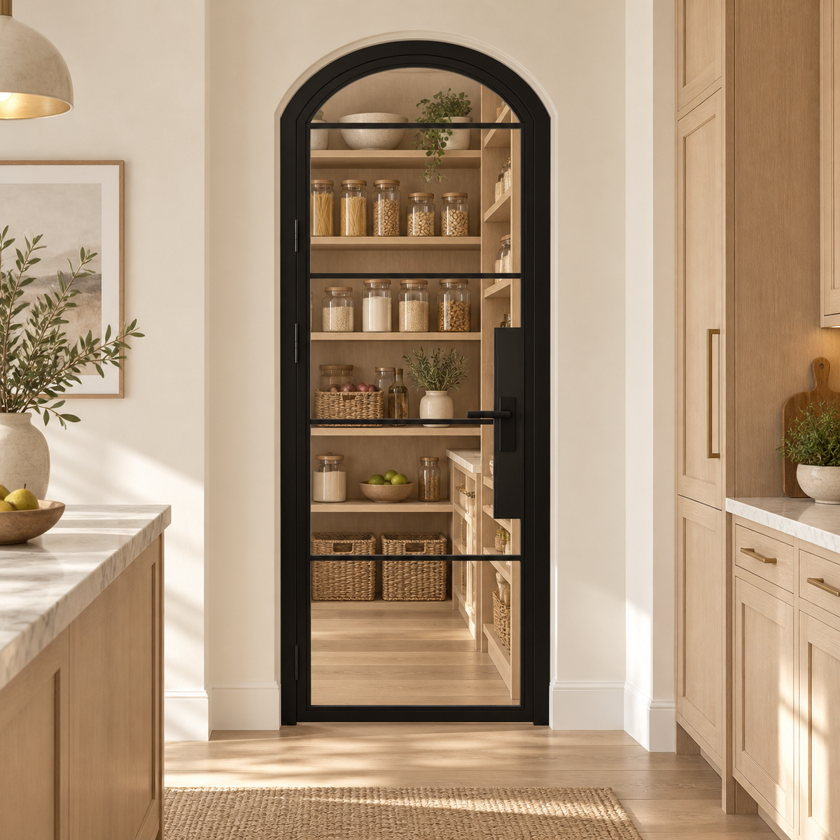 5 Lite Steel Pantry Arched Top French Door leading into an oak pantry from an ivory kitchen — product visualization
