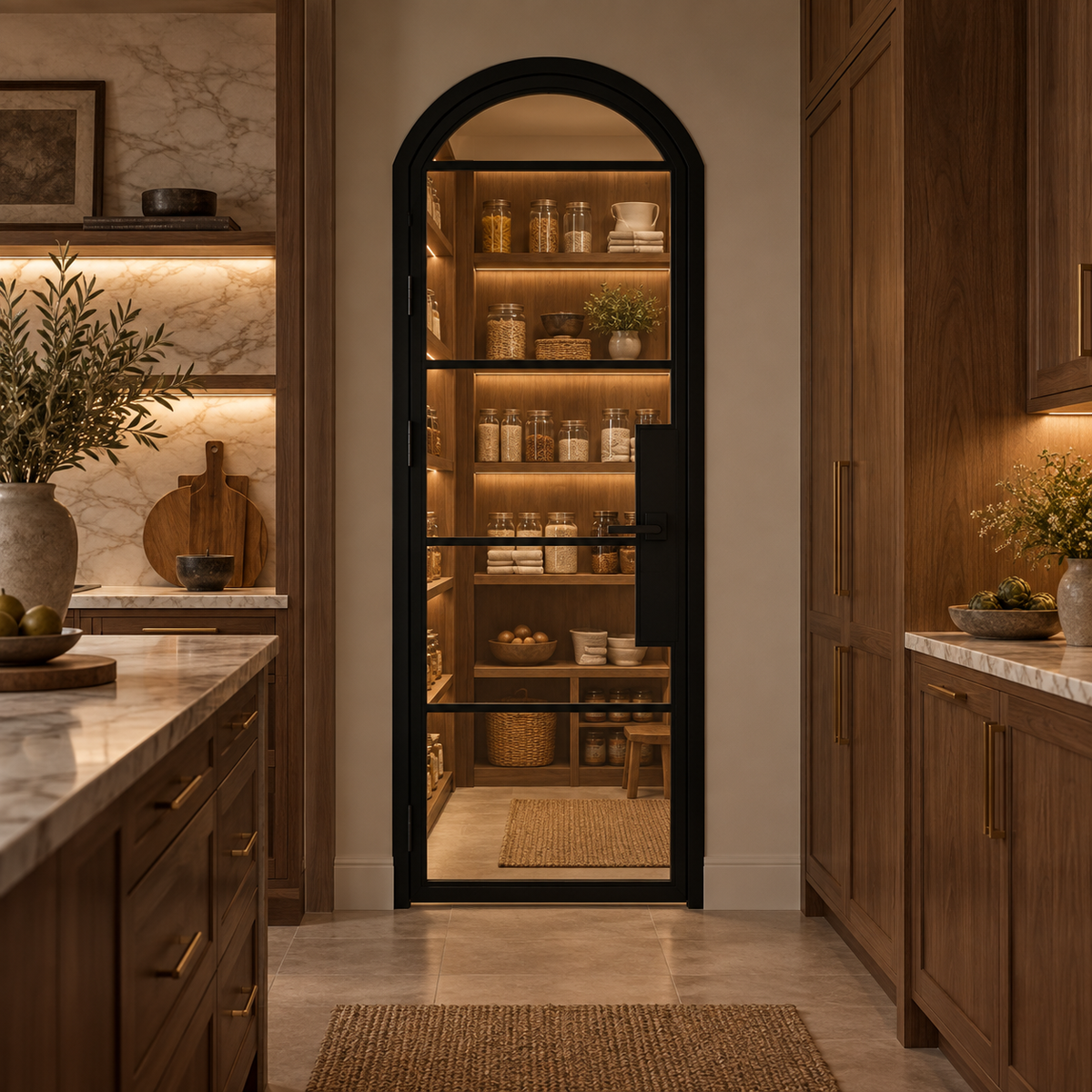 5 Lite Steel Pantry Arched Top French Door leading into an illuminated walnut pantry — product visualization