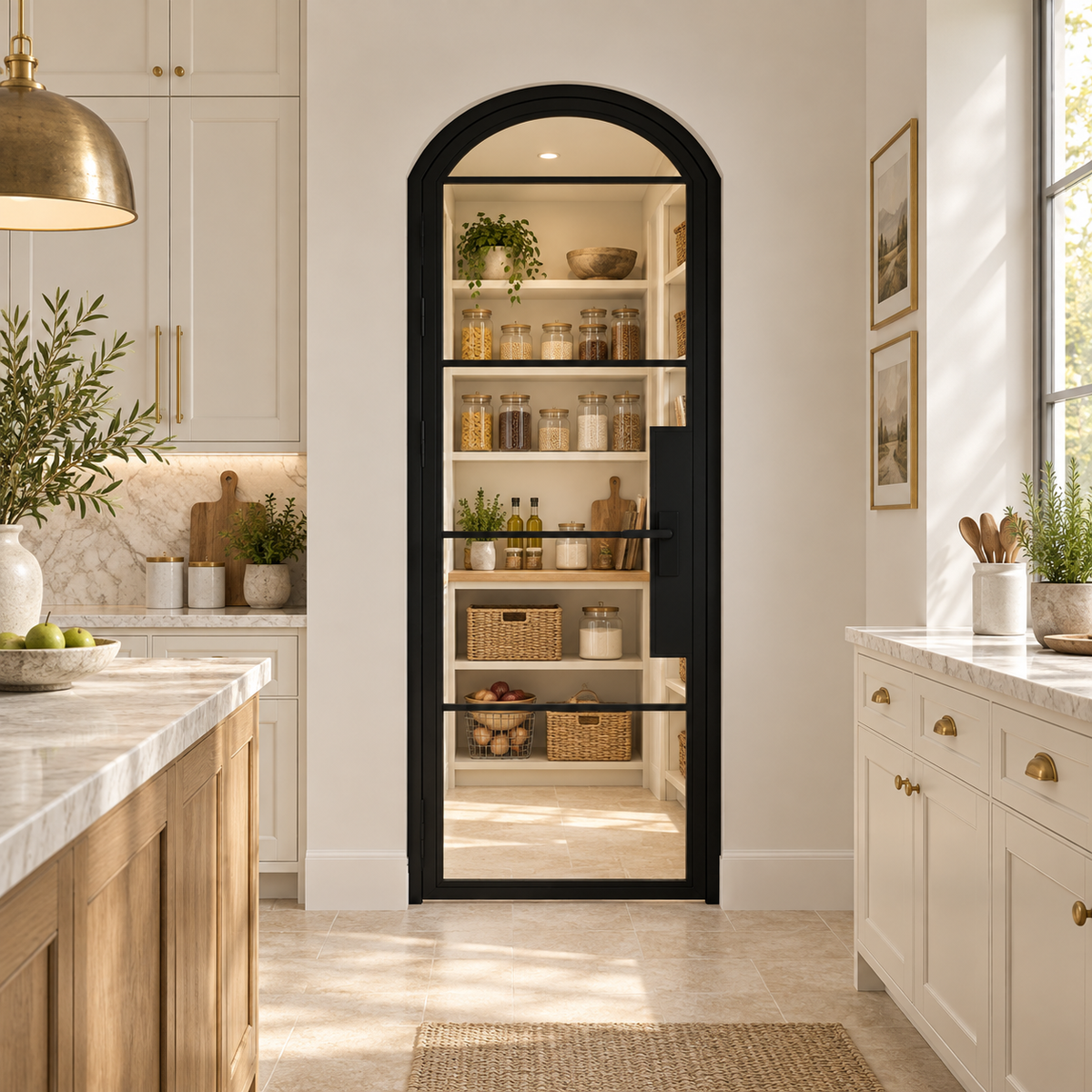 5 Lite Steel Pantry Arched Top French Door leading into a cream pantry from a limestone kitchen — product visualization