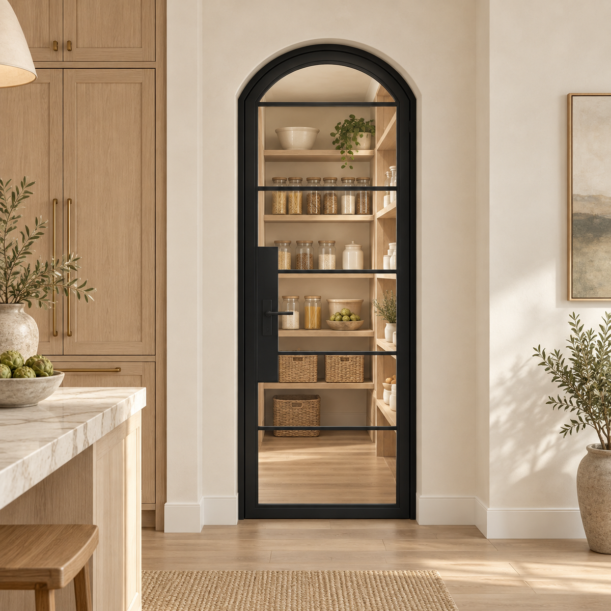 6 Lite Steel Pantry Arched Top French Door leading into an oak pantry from an ivory kitchen — product visualization