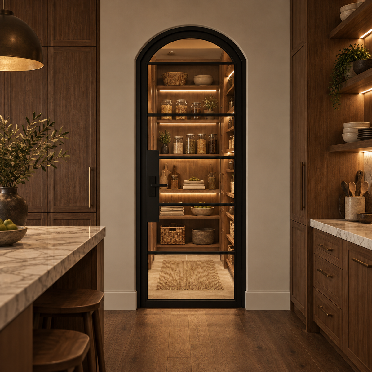 6 Lite Steel Pantry Arched Top French Door leading into an illuminated walnut pantry — product visualization