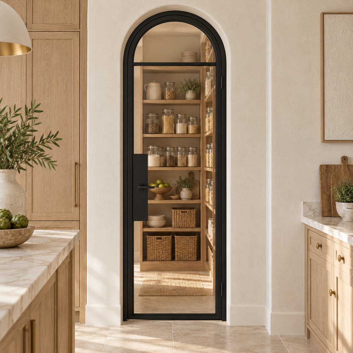 2 Lite Steel Pantry Round Top French Door leading into an oak pantry from an ivory kitchen — product visualization