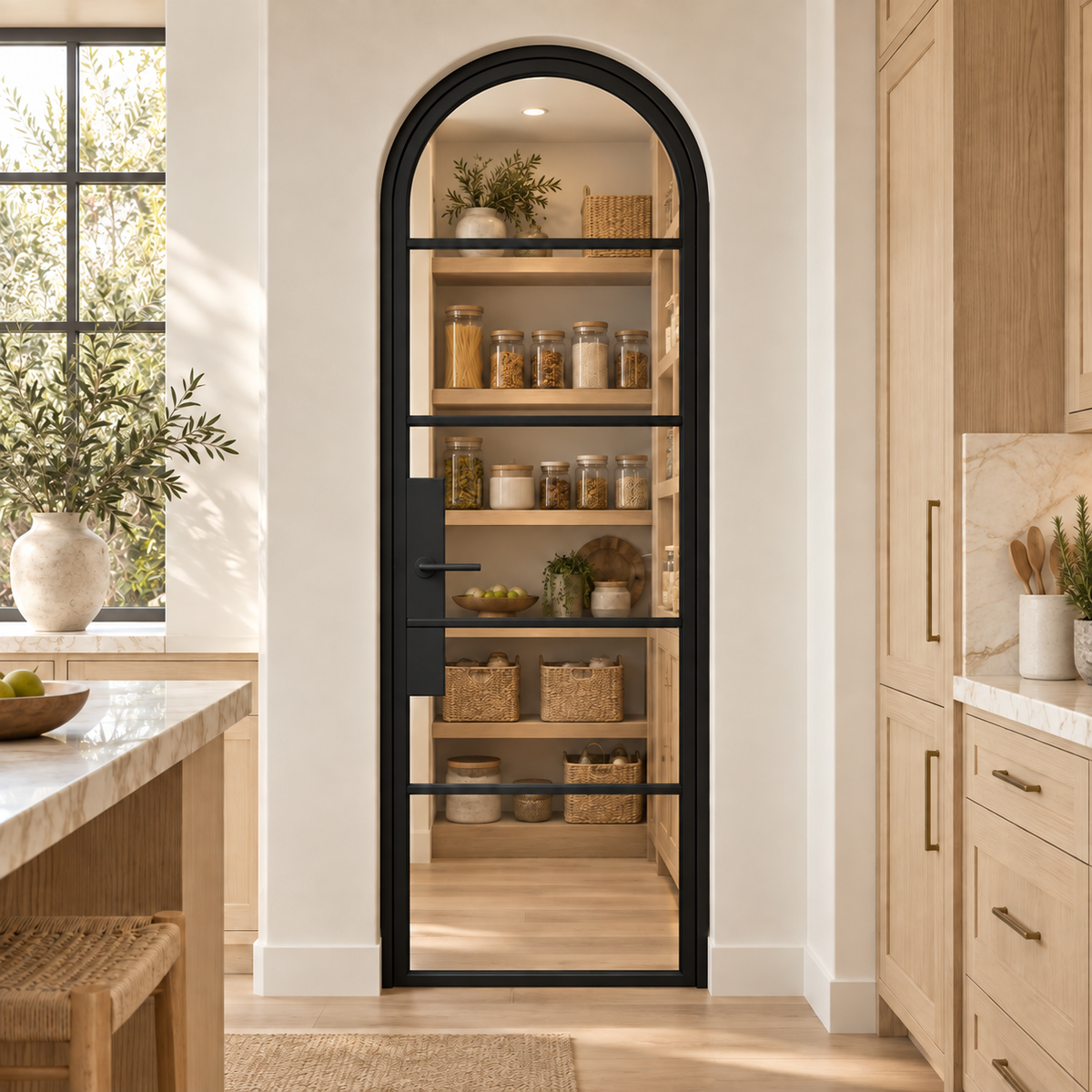 5 Lite Steel Pantry Round Top French Door leading into an oak pantry from an ivory kitchen — product visualization