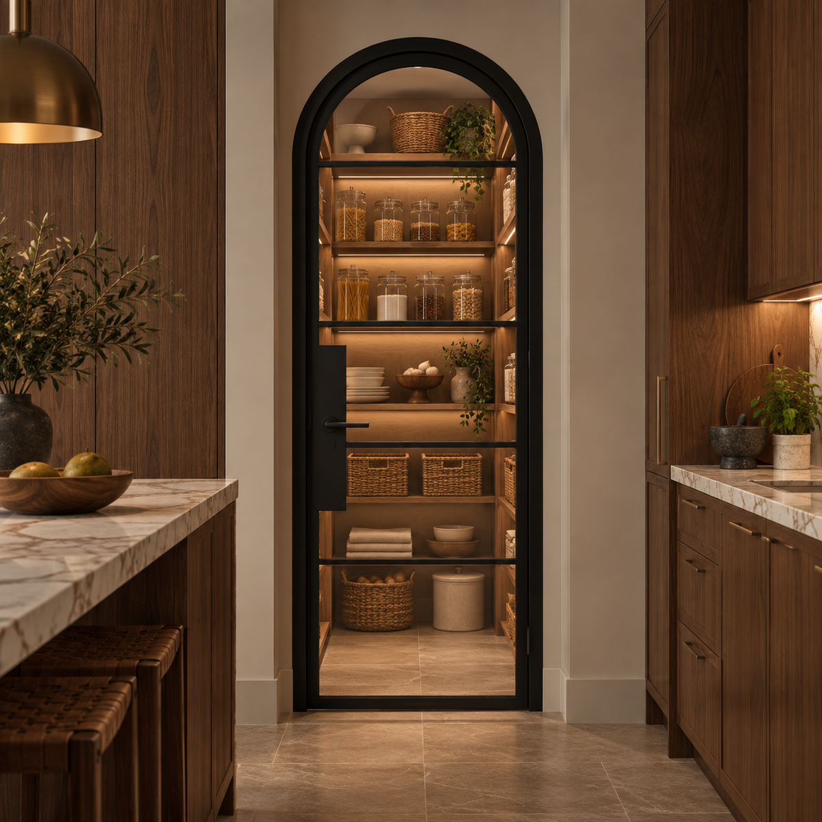 5 Lite Steel Pantry Round Top French Door leading into an illuminated walnut pantry — product visualization