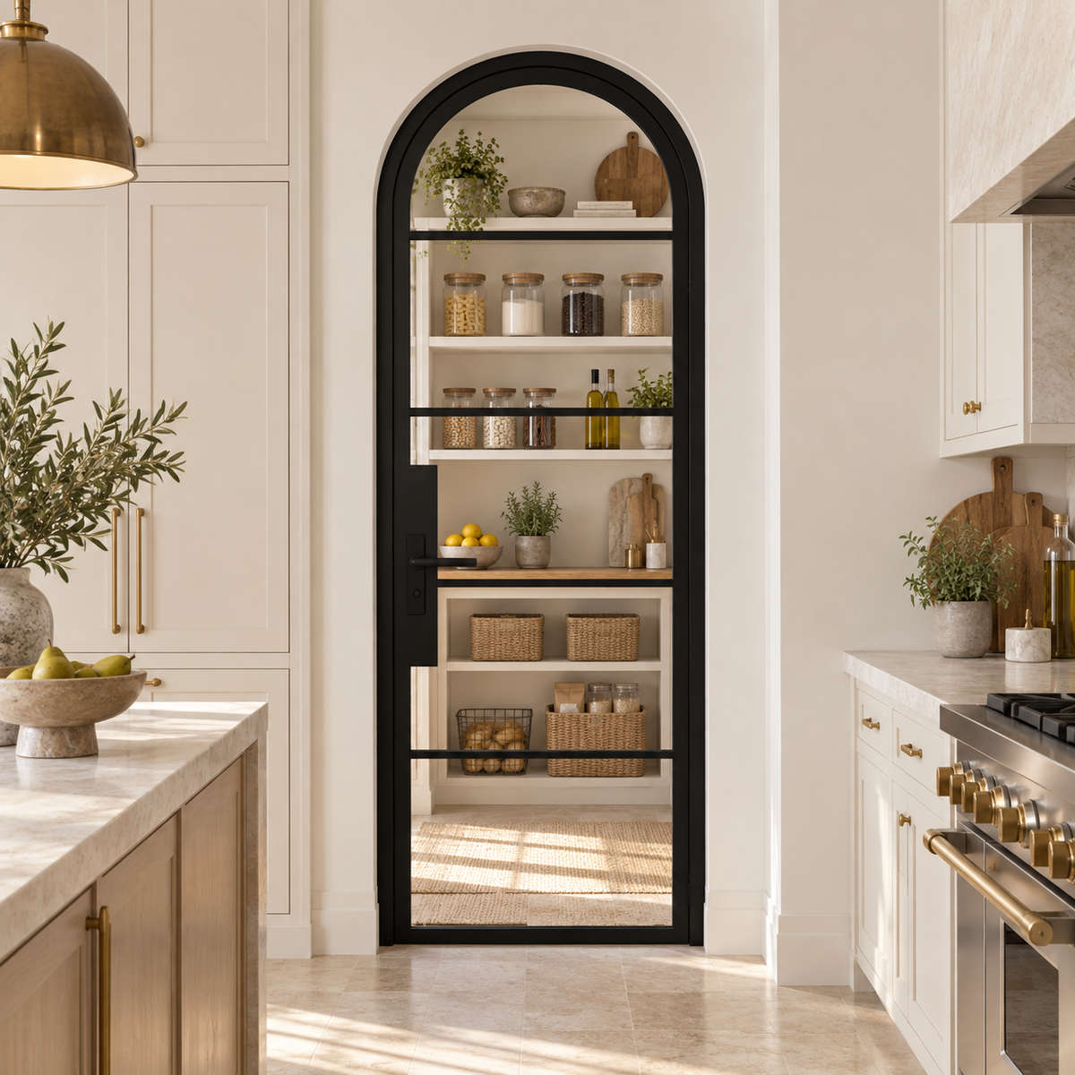 5 Lite Steel Pantry Round Top French Door leading into a cream pantry from a limestone kitchen — product visualization