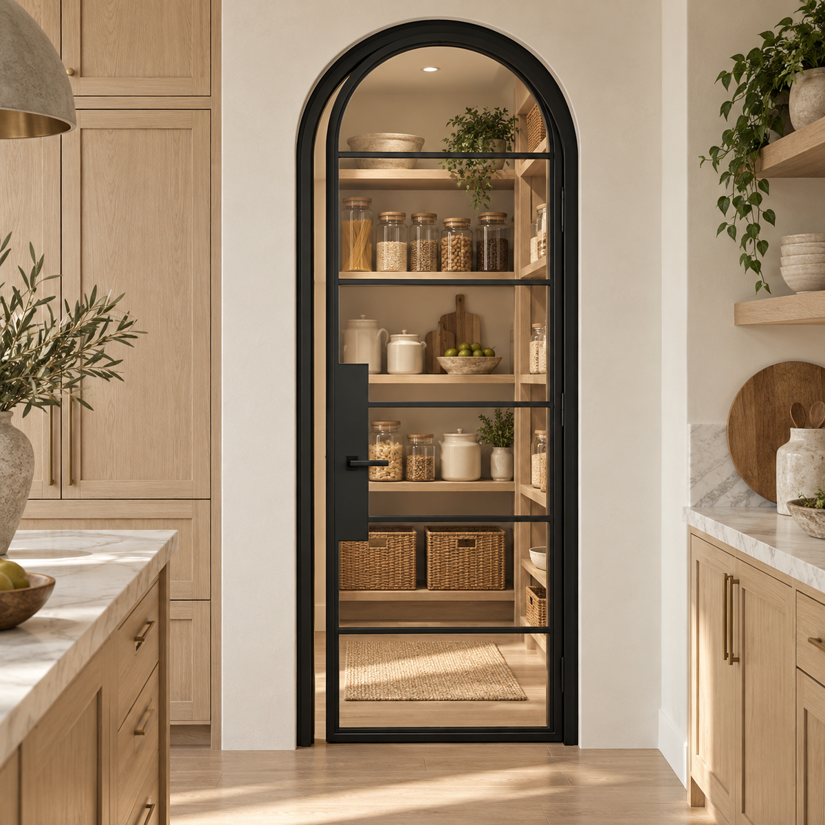 6 Lite Steel Pantry Round Top French Door leading into an oak pantry from an ivory kitchen — product visualization