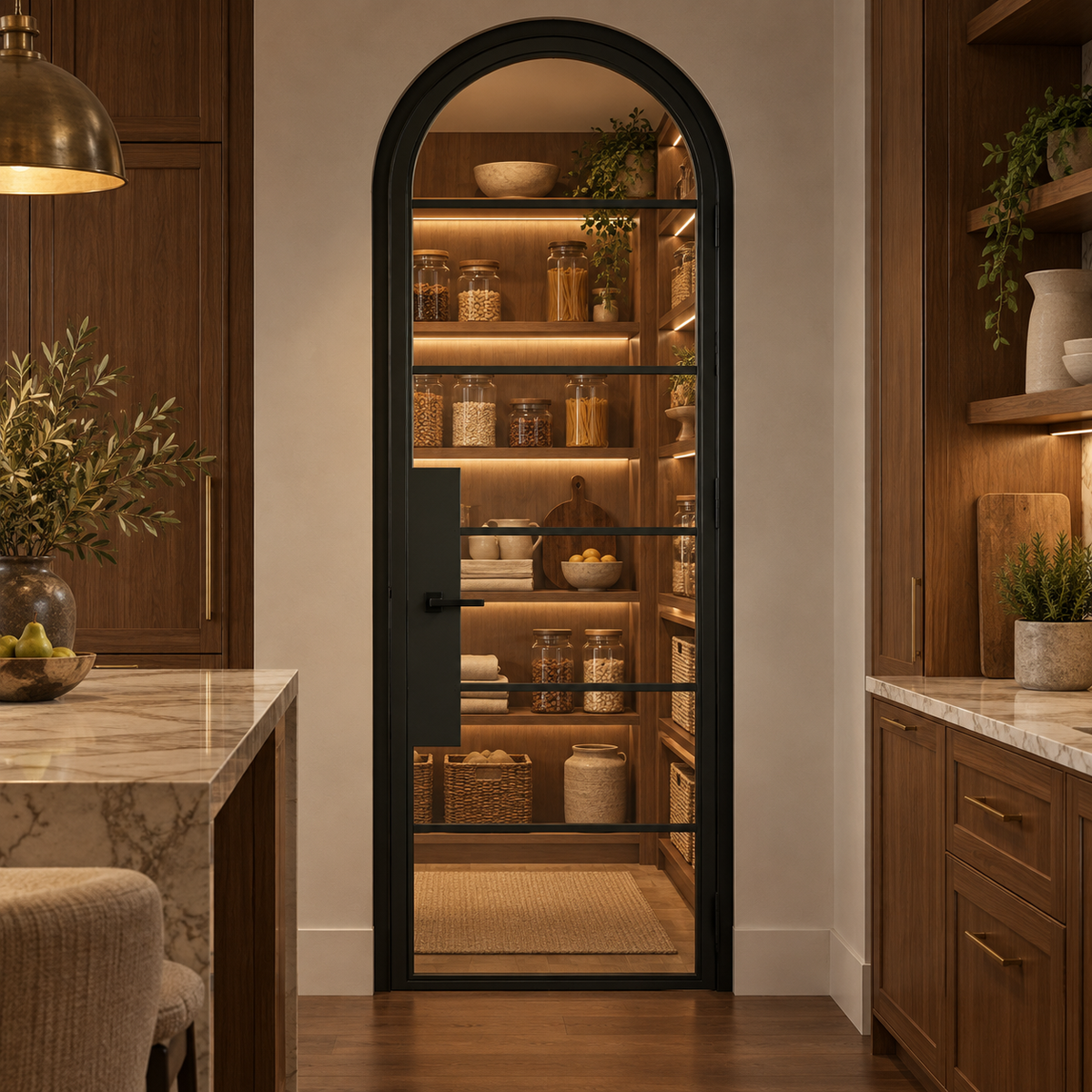 6 Lite Steel Pantry Round Top French Door leading into an illuminated walnut pantry — product visualization