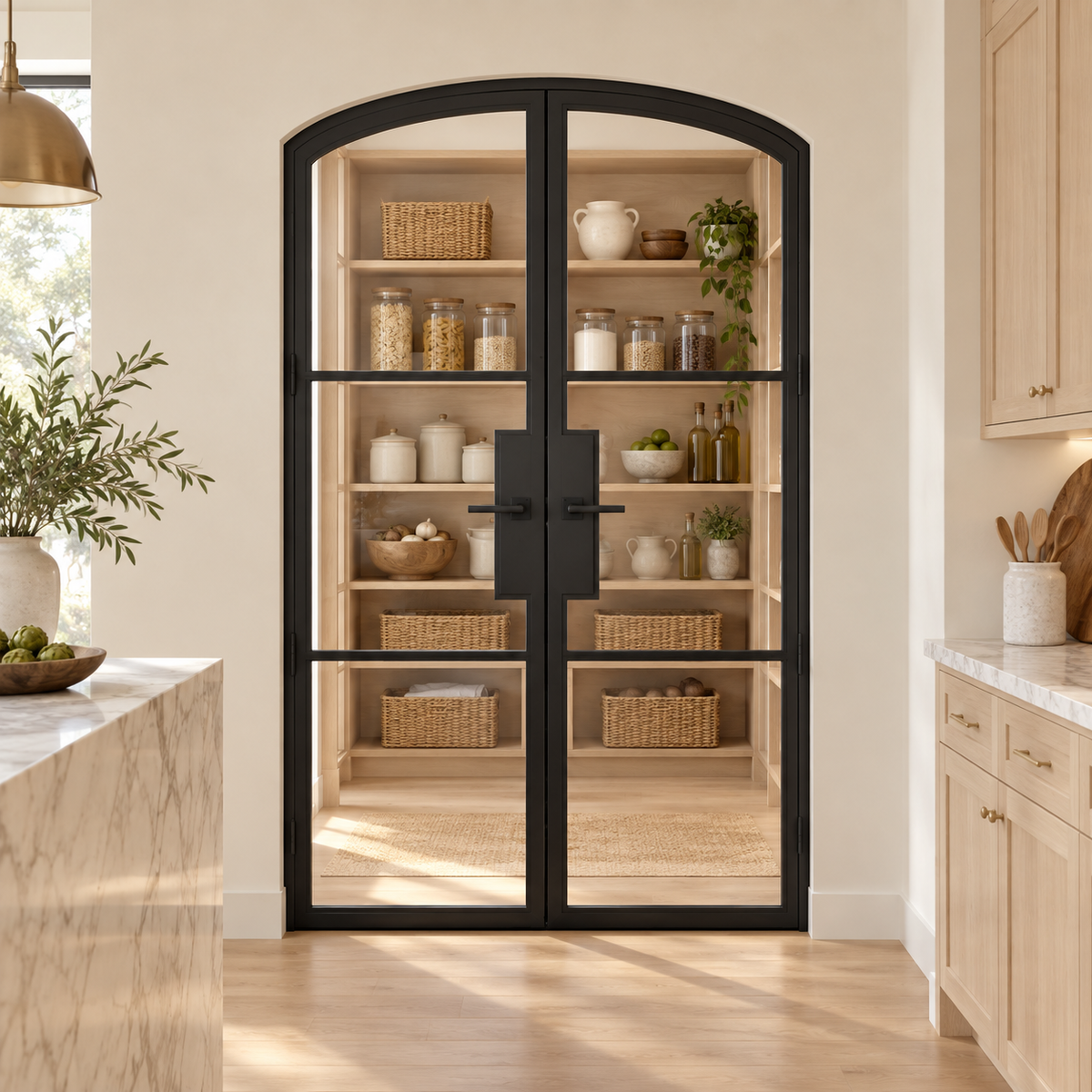3 Lite Steel Pantry Arched Top French Double Door leading into an oak pantry from an ivory kitchen — product visualization
