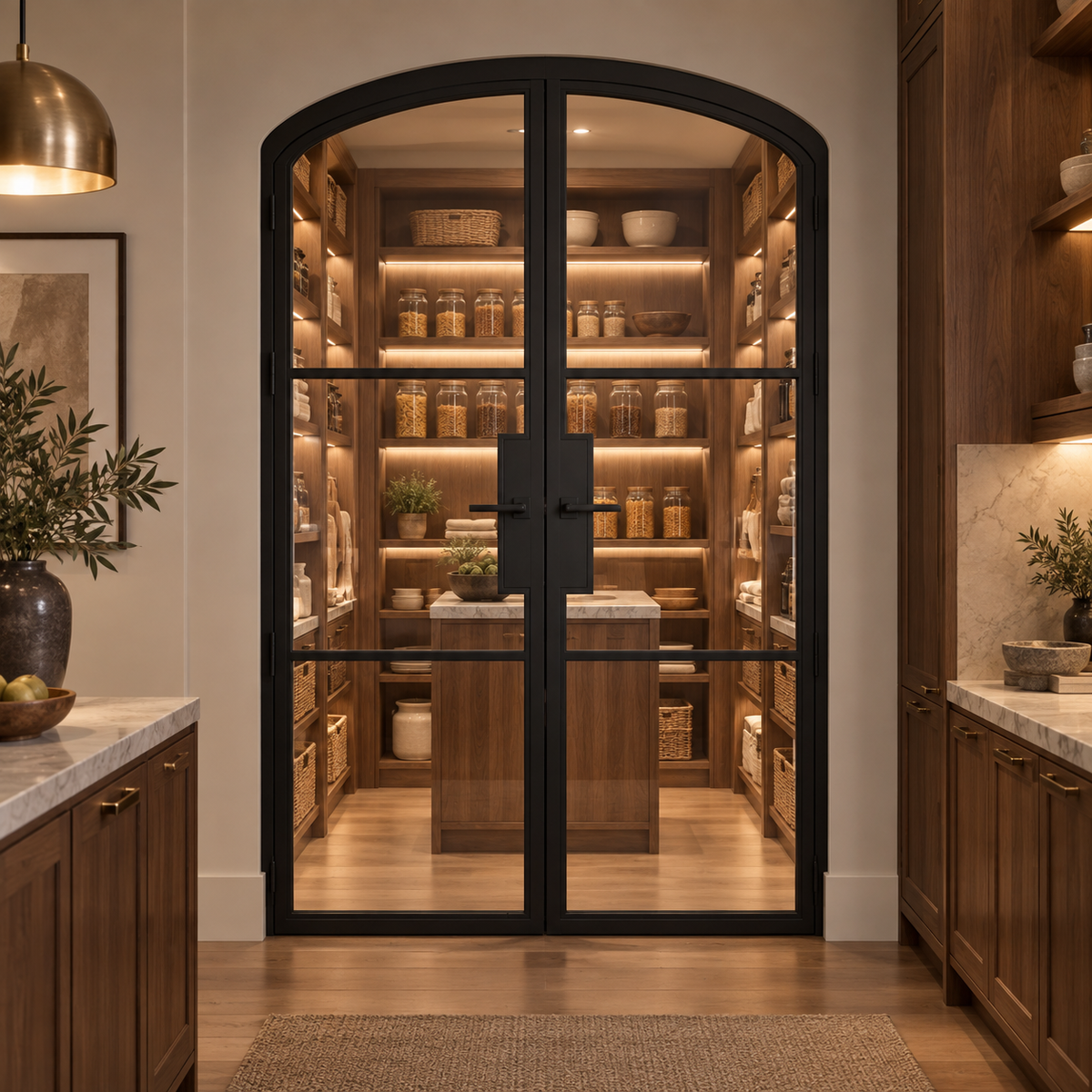 3 Lite Steel Pantry Arched Top French Double Door leading into an illuminated walnut pantry — product visualization