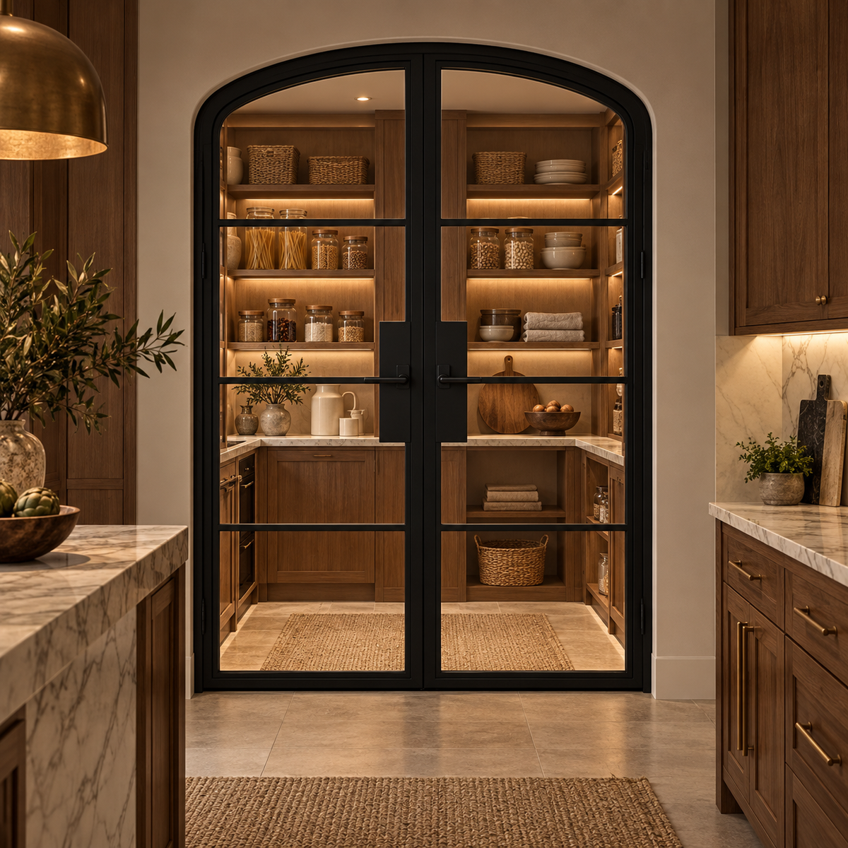 4 Lite Steel Pantry Arched Top French Double Door leading into an illuminated walnut pantry — product visualization