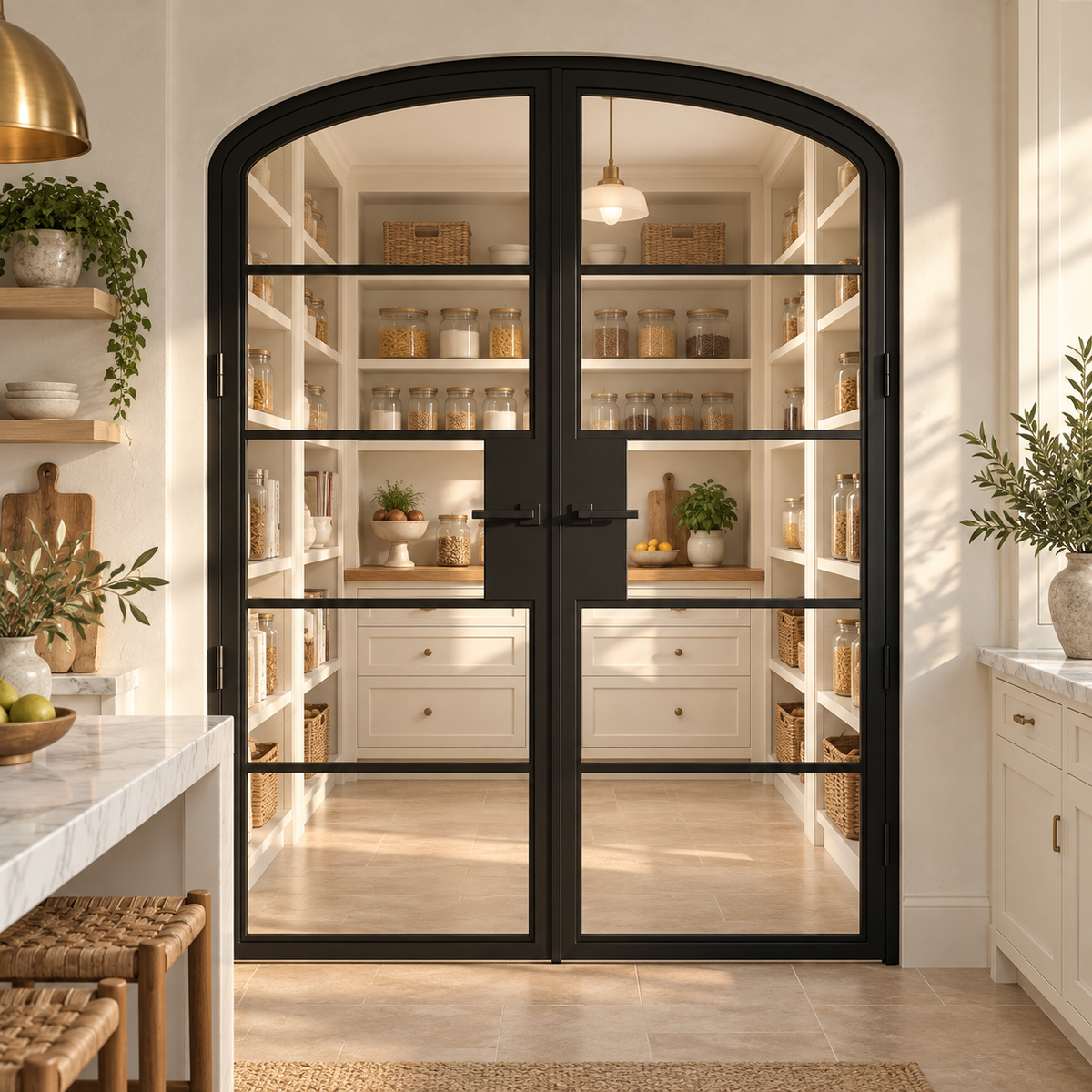 5 Lite Steel Pantry Arched Top French Double Door leading into a cream pantry from a limestone kitchen — product visualization