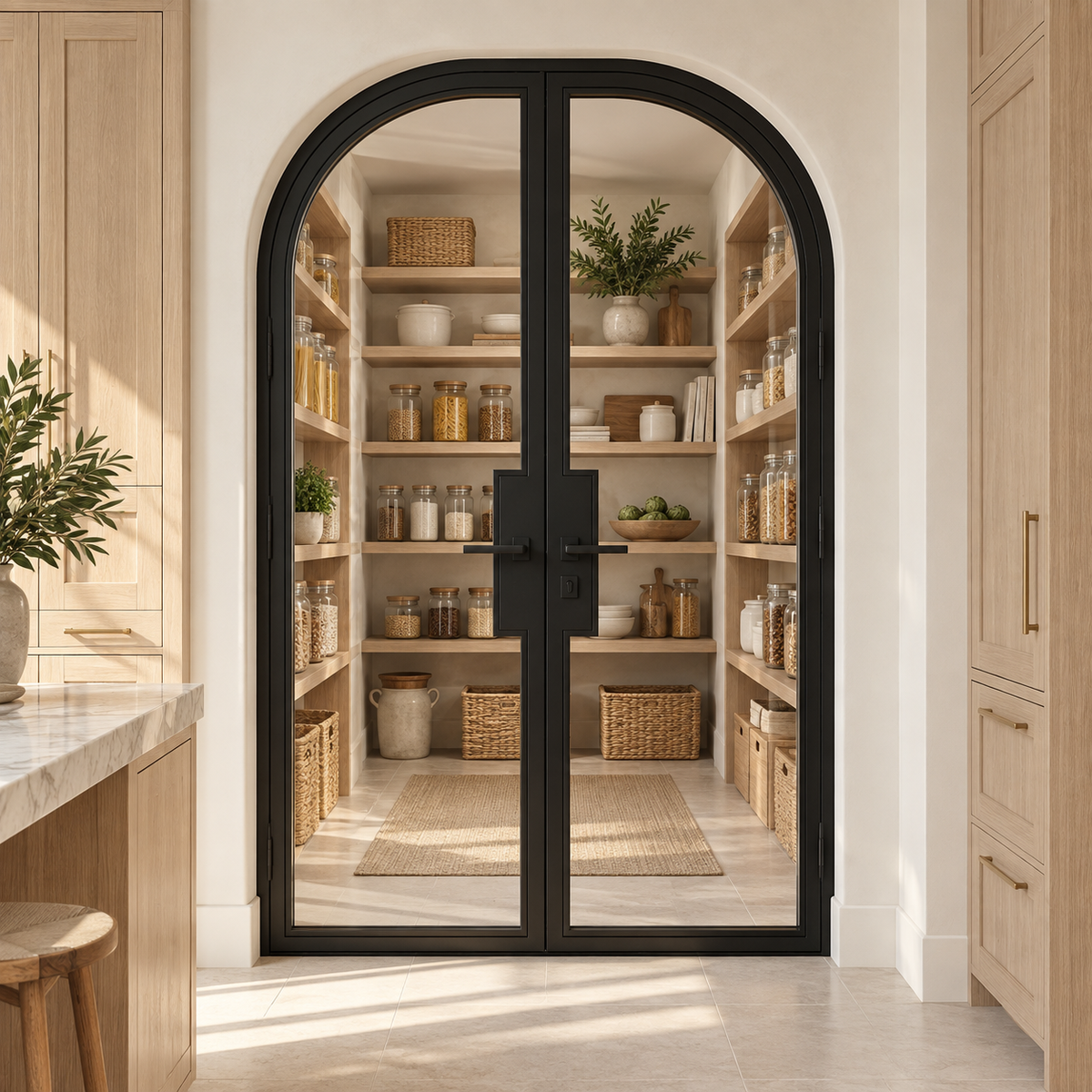 Full Lite Steel Pantry Round Top French Double Door leading into an oak pantry from an ivory kitchen — product visualization