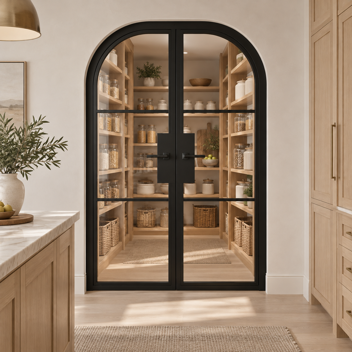 3 Lite Steel Pantry Round Top French Double Door leading into an oak pantry from an ivory kitchen — product visualization