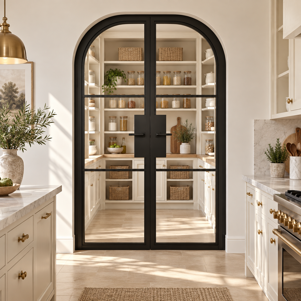 3 Lite Steel Pantry Round Top French Double Door leading into a cream pantry from a limestone kitchen — product visualization