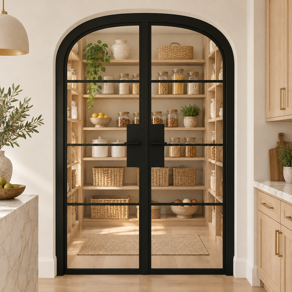 4 Lite Steel Pantry Round Top French Double Door leading into an oak pantry from an ivory kitchen — product visualization
