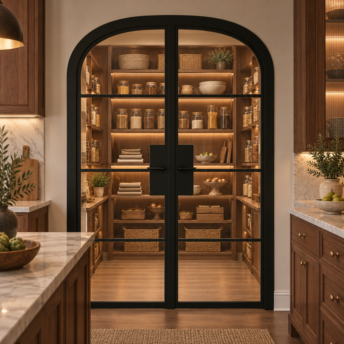 4 Lite Steel Pantry Round Top French Double Door leading into an illuminated walnut pantry — product visualization