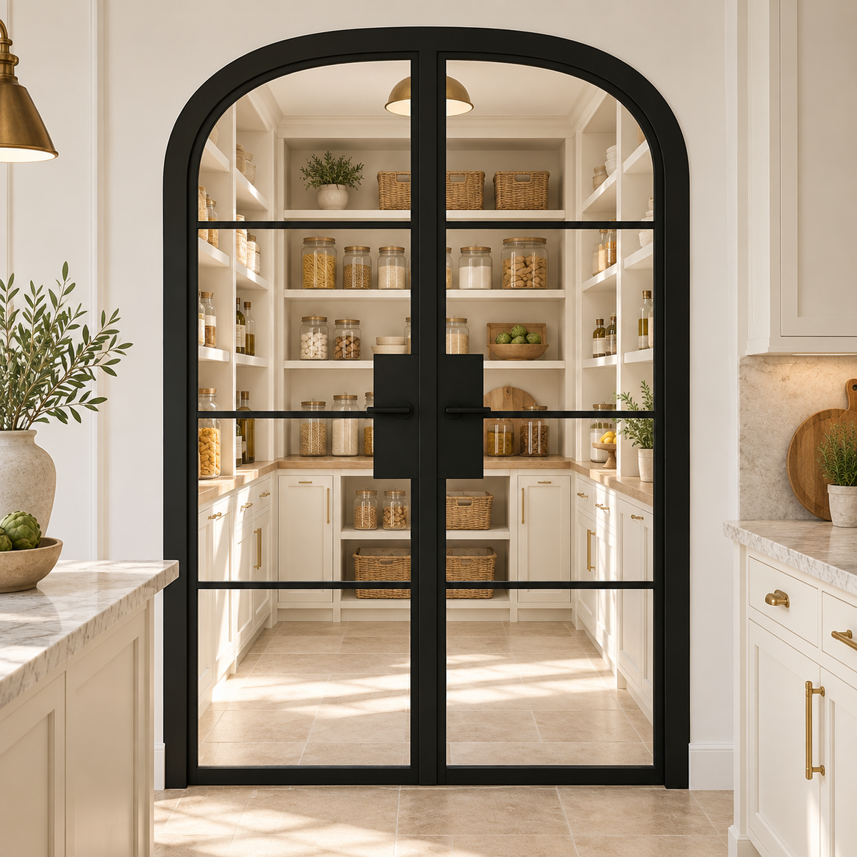4 Lite Steel Pantry Round Top French Double Door leading into a cream pantry from a limestone kitchen — product visualization