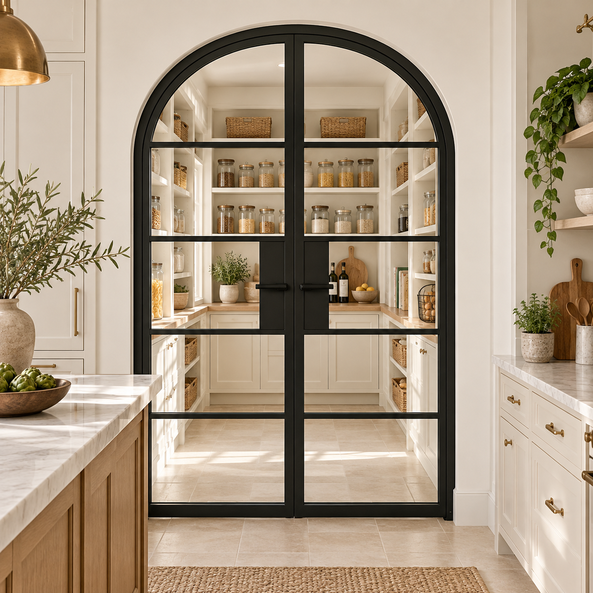 5 Lite Steel Pantry Round Top French Double Door leading into a cream pantry from a limestone kitchen — product visualization