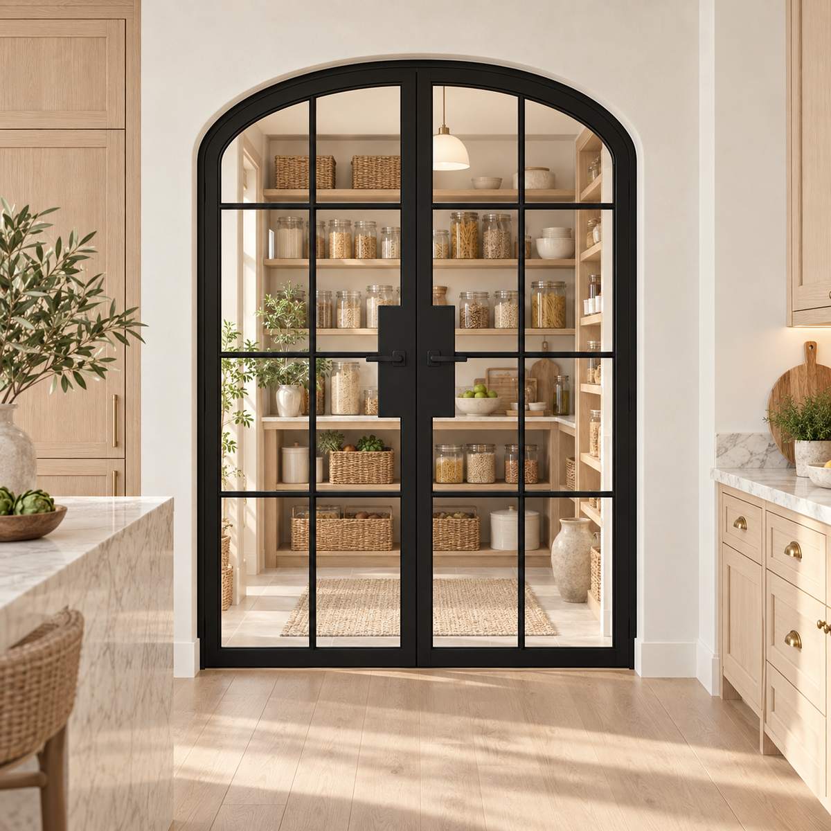 8 Lite Steel Pantry Arched Top French Double Door leading into an oak pantry from an ivory kitchen — product visualization