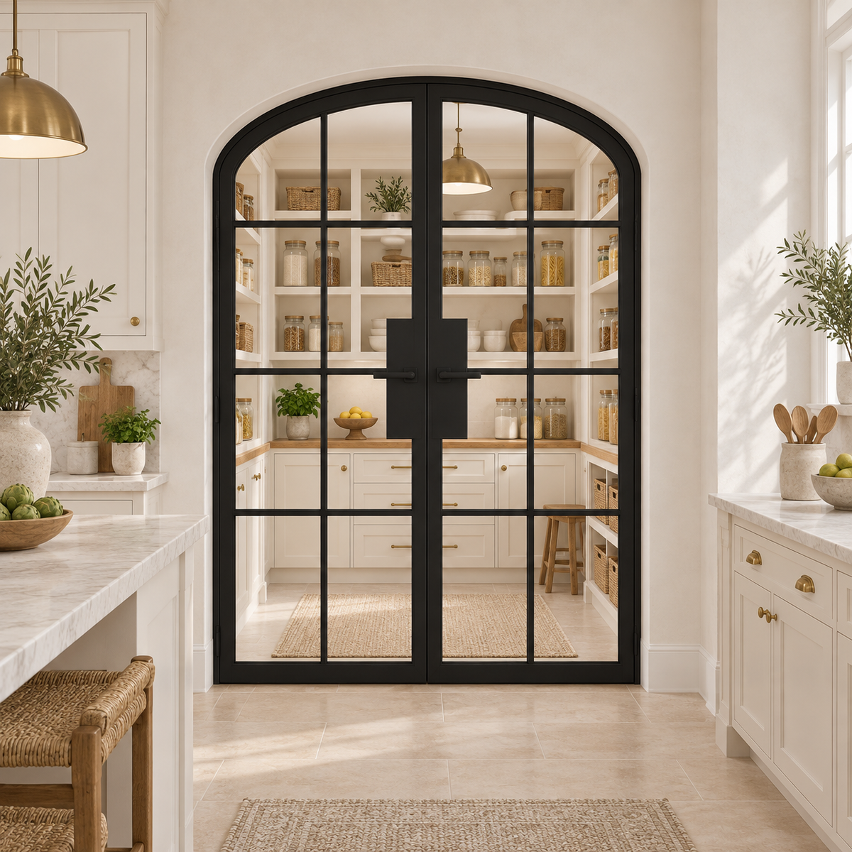 8 Lite Steel Pantry Arched Top French Double Door leading into a cream pantry from a limestone kitchen — product visualization