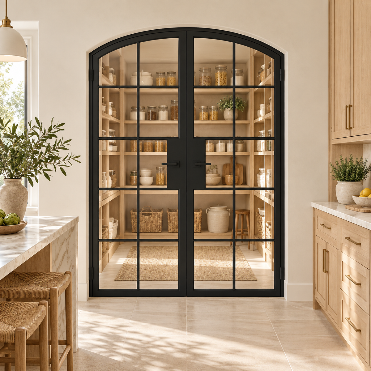 10 Lite Steel Pantry Arched Top French Double Door leading into an oak pantry from an ivory kitchen — product visualization
