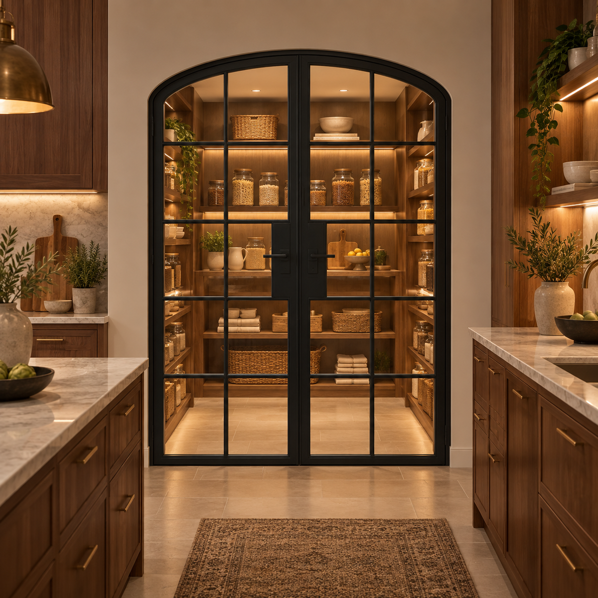 10 Lite Steel Pantry Arched Top French Double Door leading into an illuminated walnut pantry — product visualization