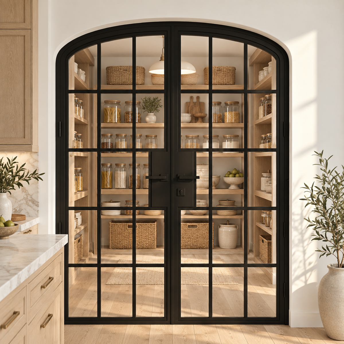 15 Lite Steel Pantry Arched Top French Double Door leading into an oak pantry from an ivory kitchen — product visualization