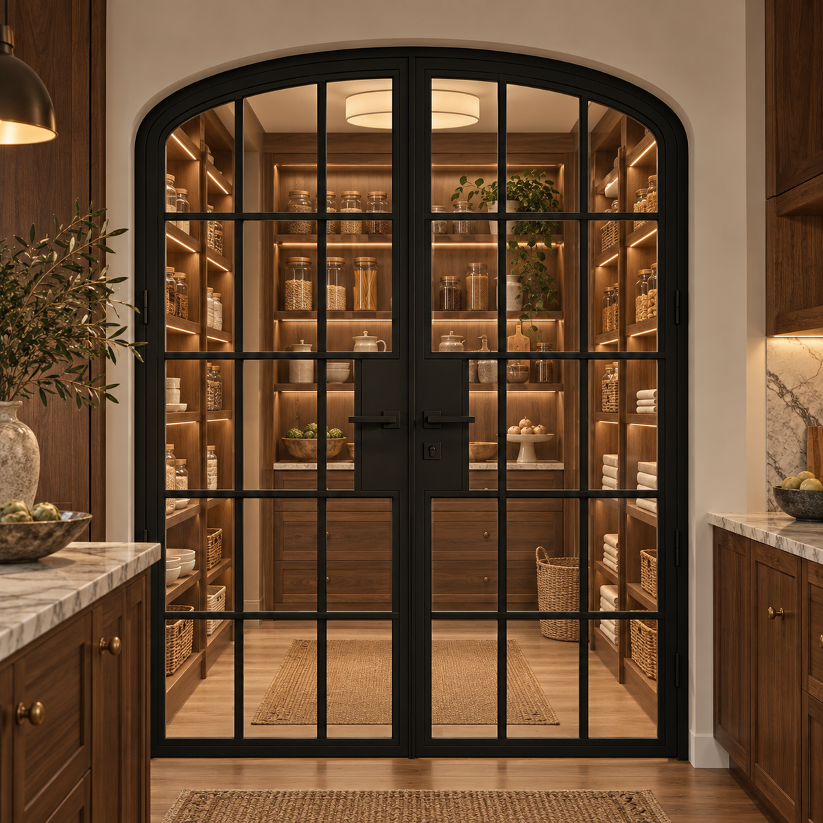 15 Lite Steel Pantry Arched Top French Double Door leading into an illuminated walnut pantry — product visualization